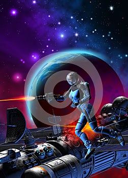 Woman astronaut is fighting near a spaceship under attack, 3d ilustration