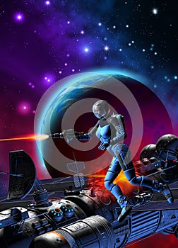 Woman astronaut is fighting near a spaceship under attack, 3d ilustration photo