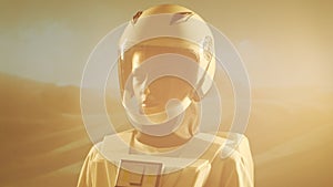 A woman astronaut in a spacesuit explores another planet. Young female cosmonaut in space suit on Mars. Galactic travel