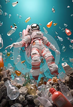 Woman astronaut walking on the planet of plastic waste.