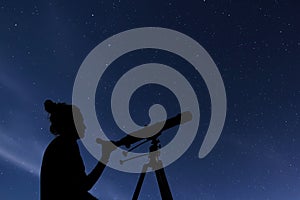 Woman with astronomical telescope. Starry night Constellations, Ursa Major, Ursa Minor, Draco Starry night, Dark sky