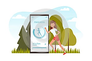 Woman Athlete Using Running App on Smartphone Showing Time and Progress Vector Illustration