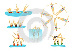 Woman athletes synchronised swimming in group, swimmers girls sport set of isolated vector illustrations.
