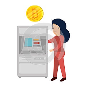woman with atm bitcoin machine vector illustrator