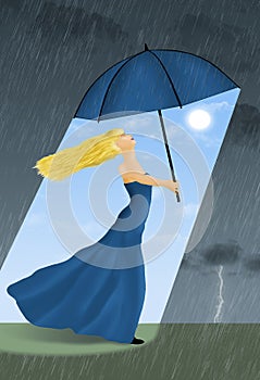 A woman with attitude creates her own sunshine as she walks under an umbrella in a thunderstorm.
