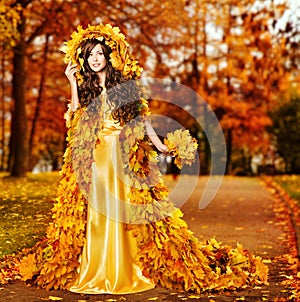 Woman Autumn Fashion Portrait, Fall Leaves, Model Girl Yellow Park