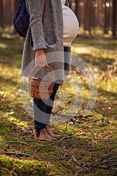 Woman in autumn forest is mushroom picking to wooden basket.