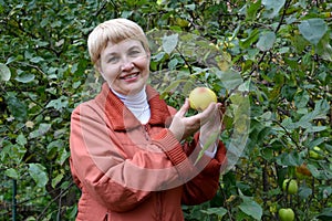 The woman of average years holds in hand apple about an apple-tree