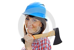 Woman with axe wearing protective blue helmet