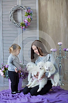 Woman and baby girl playing with whit hairy dog in studio shoot on a purple