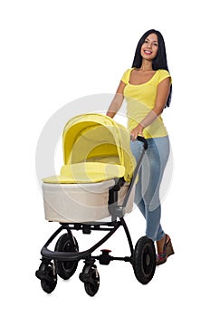 The woman with baby and pram isolated on white