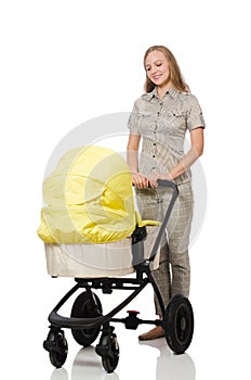 Woman with baby and pram isolated on white