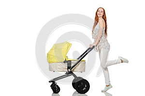 The woman with baby and pram isolated on white