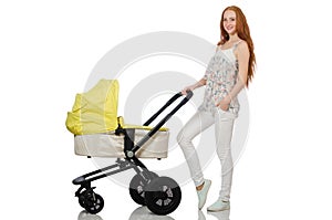 The woman with baby and pram isolated on white