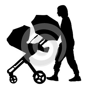 Woman with baby and pram silhouette isolated on white background, vector of baby carriage.