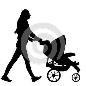 Woman with baby and pram silhouette isolated on white background, vector of baby carriage.