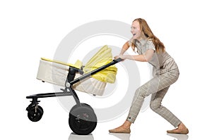 The woman with baby and pram on white