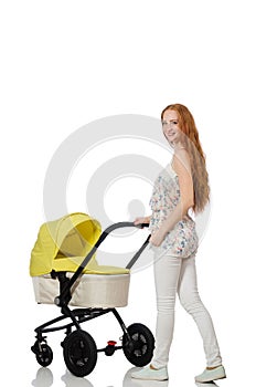 The woman with baby and pram on white