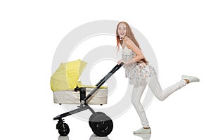 The woman with baby and pram on white