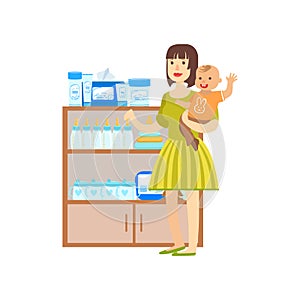 Woman With A Baby Shopping For Baby Food, Shopping Mall And Department Store Section Illustration