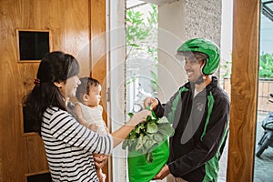 Woman and baby shopping grocery online