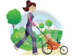 Woman with babystroller in park