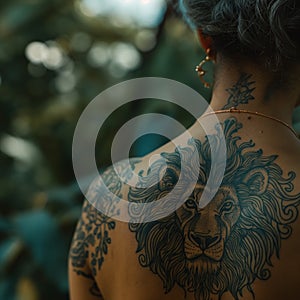 woman in back with lion tattoo on her body, rear view