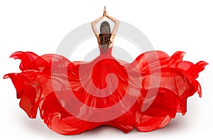 Woman Back Rear side in Red Flying Dress Waving on Wind, Fashion Model in Flowing Gown on White