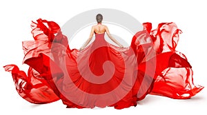 Woman Back Rear view in Red Flying Dress Fluttering on Wind, Girl in Blowing Waving Gown Clothes on White