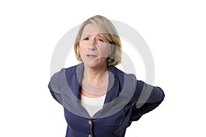 Woman with backache and anxious face photo