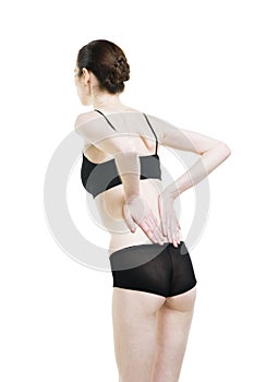 Woman with backache. Pain in the human body isolated on white background