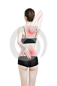 Woman with backache. Pain in the human body isolated on white background