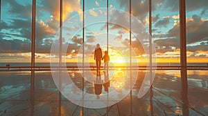 Woman with backlit child traveling through airport