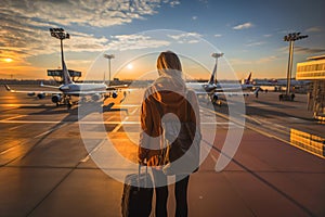 A woman with a backpack on airport. Backside view. Planes on the background.