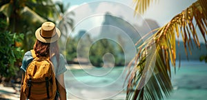 Woman with a backpack and hat standing on a tropical island and looking at the sea. Summer travel concept.