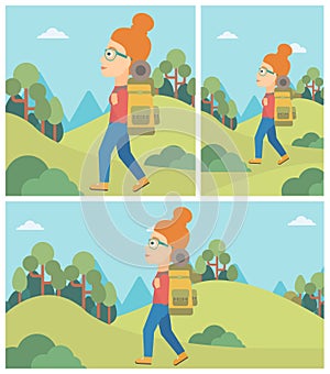 Woman with backpack hiking vector illustration.