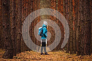 Woman with backpack and knit hat hiking in pine forest