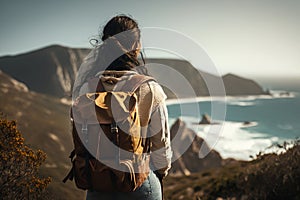 a woman with a backpack looking at the ocean from a cliff, concept travel, concept tourism, concept autumn