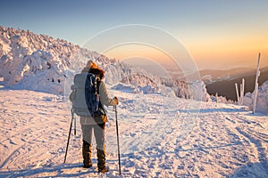 Woman with backpack and nordic walking poles trekking in cold weather