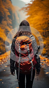 A woman with a backpack and red jacket treks through a woodland road