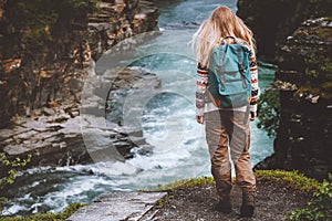 Woman with backpack solo traveling in Sweden outdoor vacation