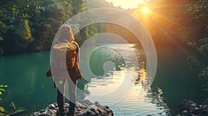 A woman with a backpack standing on top of rocks overlooking water, AI