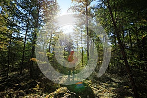 Woman with backpack in the sunrise forest