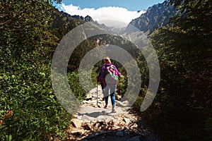 Žena ruksak stopovacie palice chôdza po horách Tatry Slovensko
