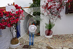 Woman backpacker in Skopelos Old Town