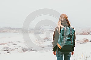 Woman backpacker standing alone outdoor