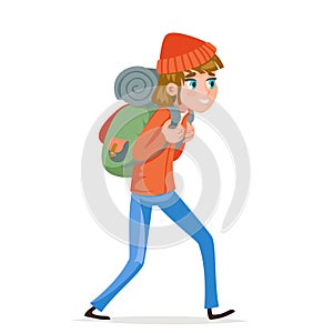 Woman backpacker walking traveler hiking active vacation backpack trip design icon vector illustration