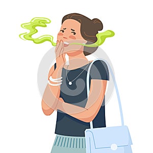 Woman bad breathing. Teenager asian girl with disgusted breath from mouth, bacteria halitosis disease or dental tooth