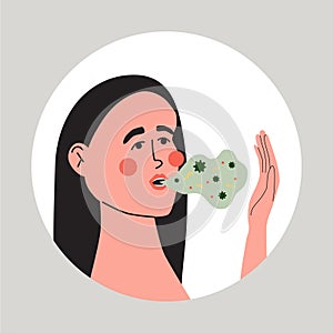 Woman with bad smelling breath. Halitosis oral health problem. Flat vector medical illustration