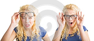 Woman with bad vision and with glasses photo